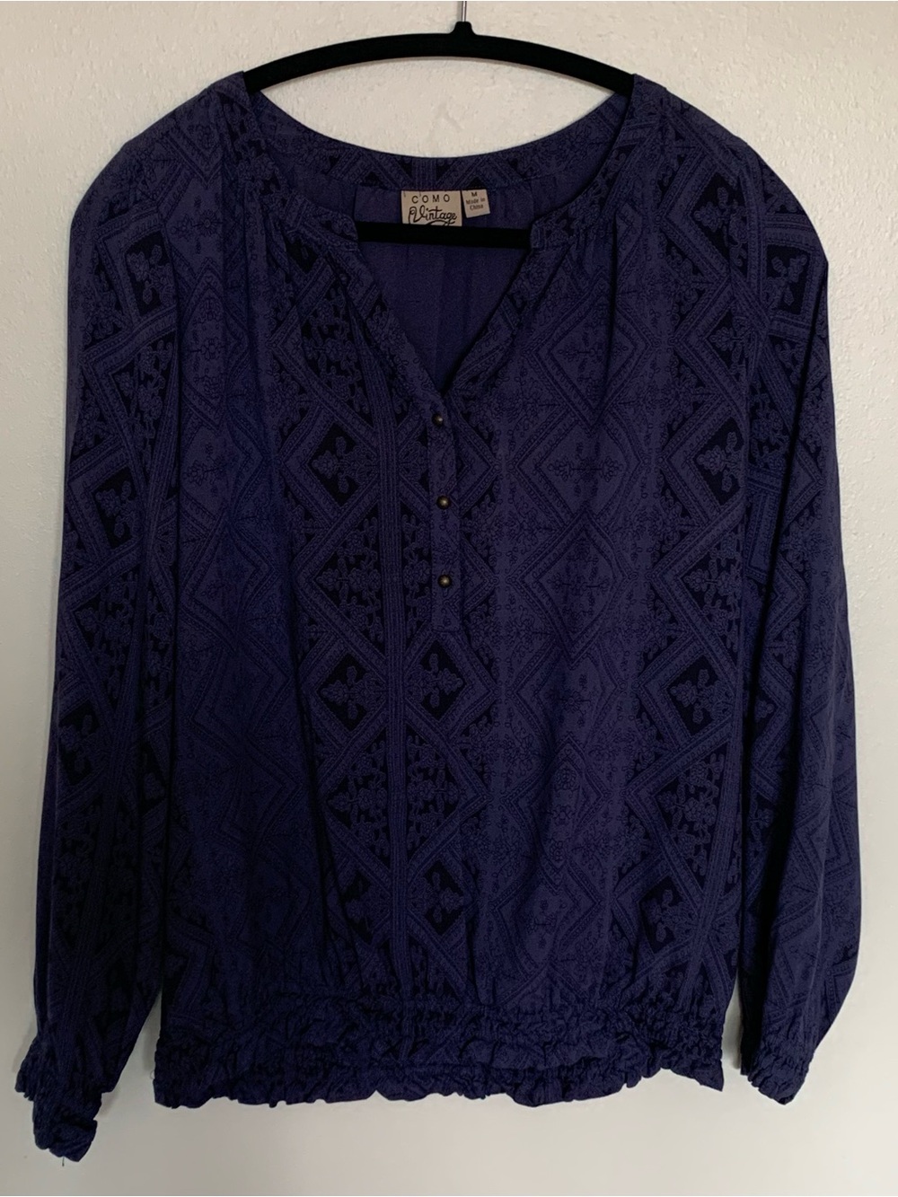 Como Vintage Deep Blue Geometric Peasant Top